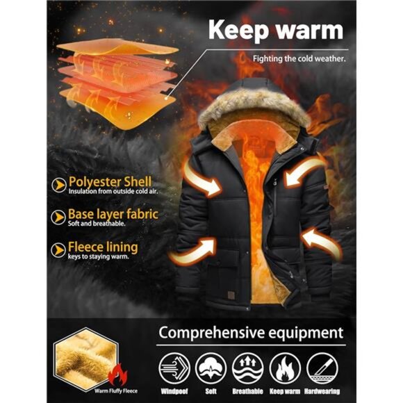 Men's Winter Jacket with Hood Water Repellent Windproof Thicken Parka Coat - Picture 3 of 5